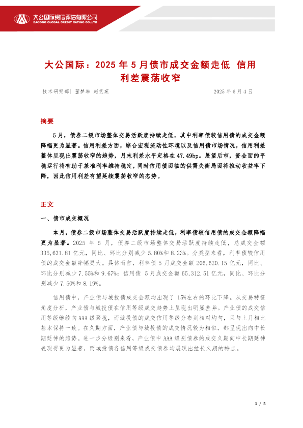 2025年5月债市成交金额走低 信用利差震荡收窄