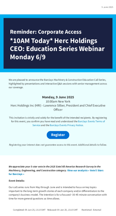 提醒：企业对接活动今日上午10点Herc Holdings首席执行官：教育系列网络研讨会6月9日周一