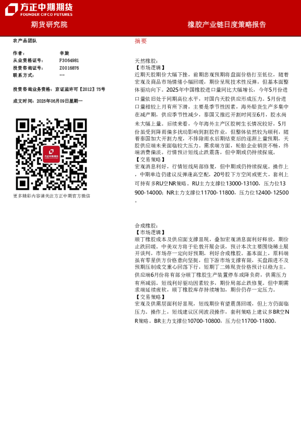 橡胶产业链日度策略报告