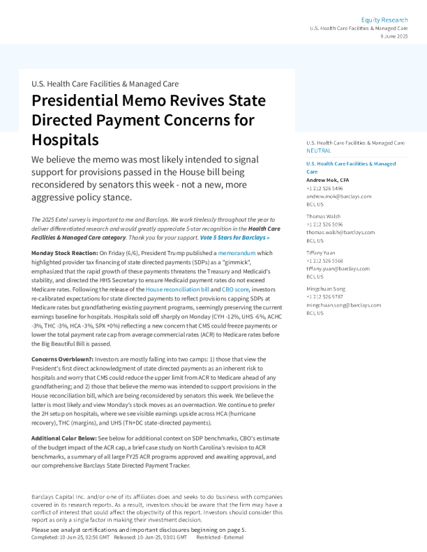 总统备忘录引发对医院州定向支付的担忧