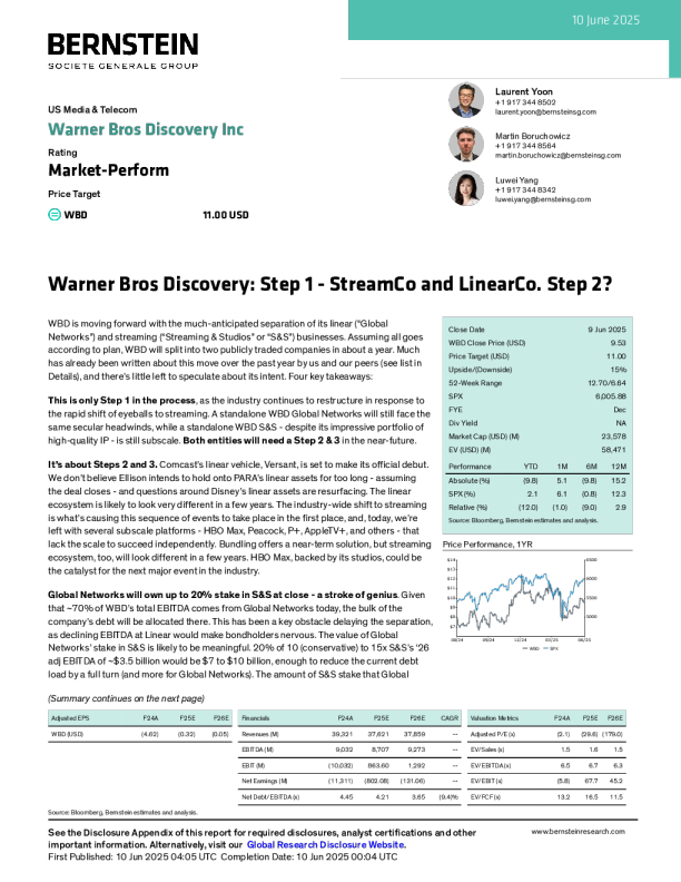 华纳兄弟探索公司：第一步-流媒体公司和线性电视公司。第二步？