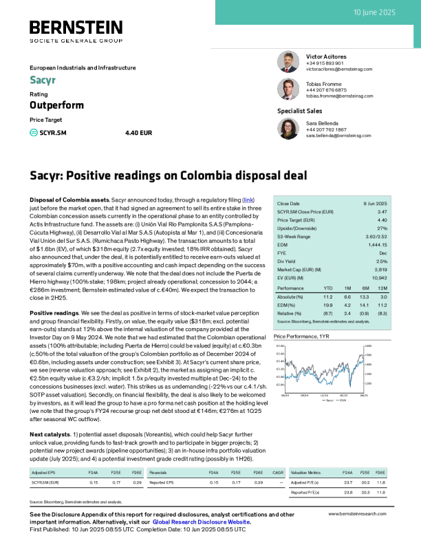 Sacyr：对哥伦比亚资产处置交易的积极解读