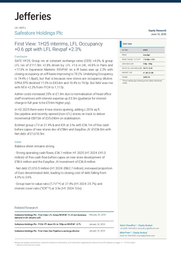 Safestore控股公司：2025年上半年中期业绩，同店入住率上升0.6个百分点，同店每可用平方英尺收入上升2.3%