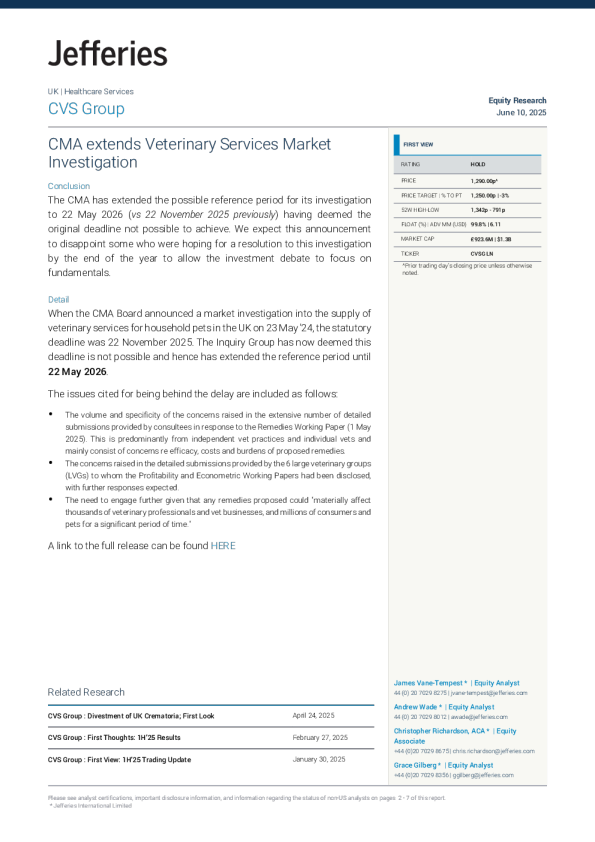 CVS集团：竞争与市场管理局延长兽医服务市场调查
