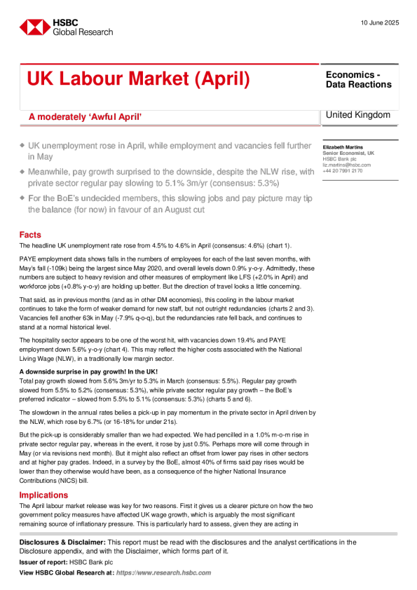 英国劳动力市场（4月）：一个适度‘糟糕的四月’