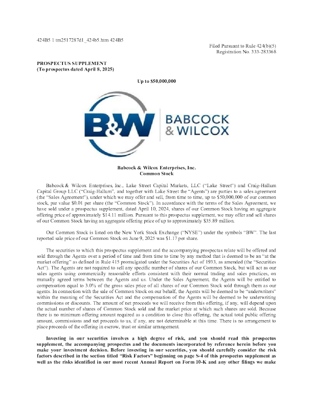 Babcock & Wilcox美股招股说明书(2025-06-10版)