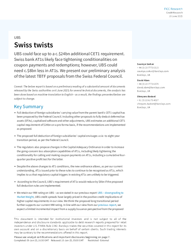 瑞士转折：瑞银可能面临高达约240亿美元的额外一级普通股资本（CET1）要求