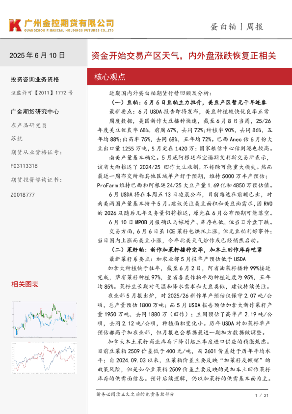 蛋白粕周报：资金开始交易产区天气，内外盘涨跌恢复正相关