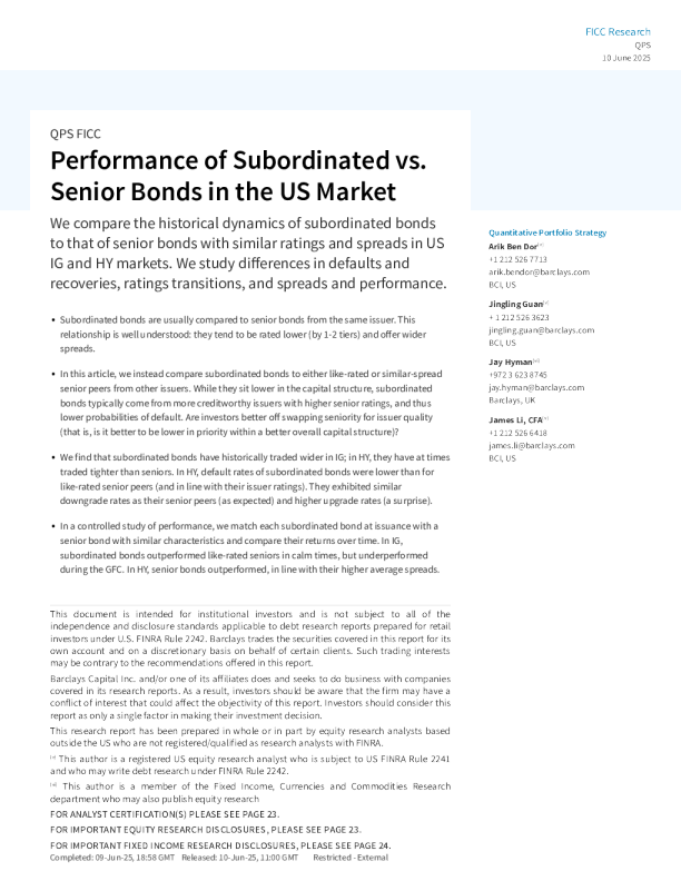 美国市场中级次债券与优先债券的表现