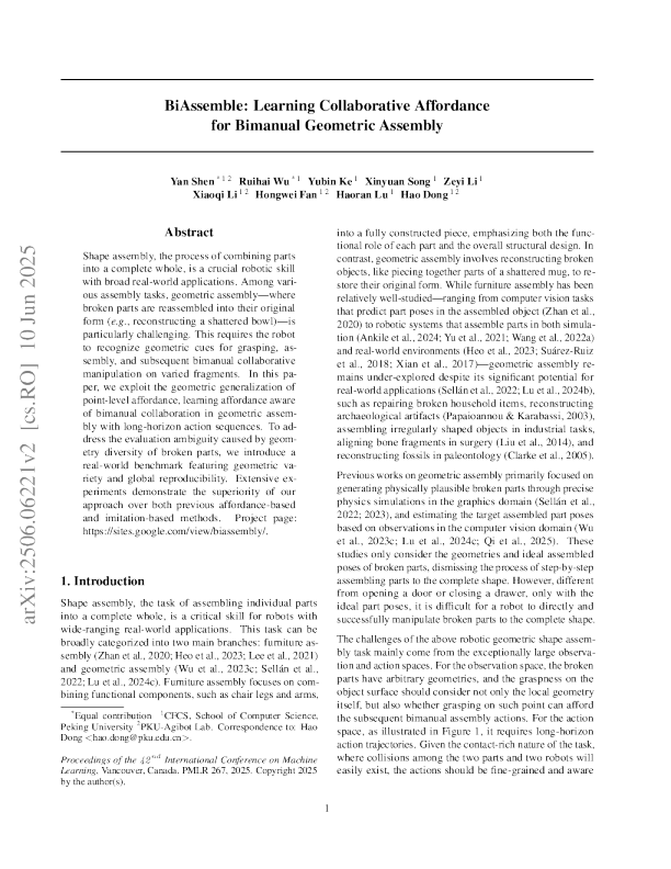BiAssemble：学习双臂几何装配的协同可供性
