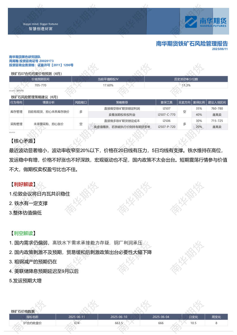 南华铁矿石风险管理报告：索然无味20250611