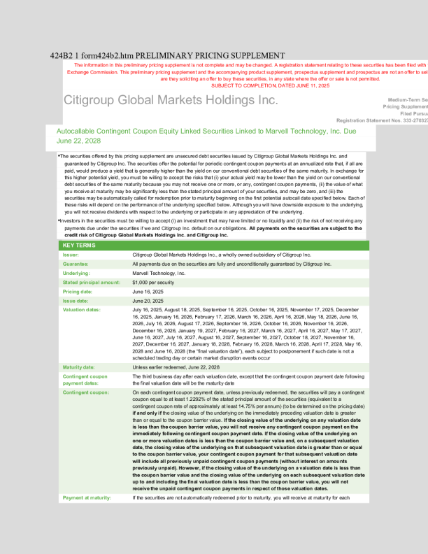 花旗集团美股招股说明书(2025-06-11版)