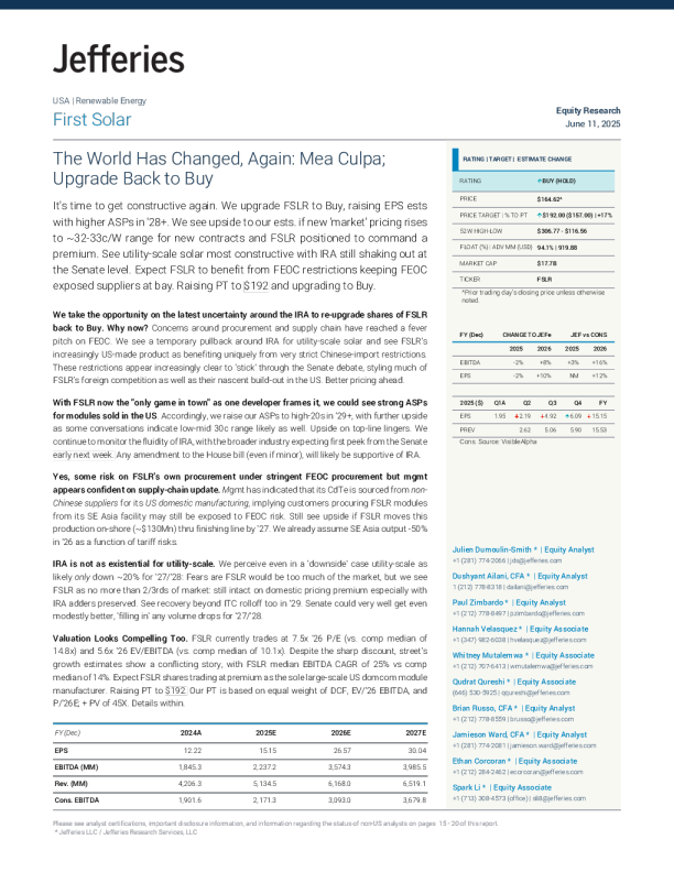 第一太阳能（FSLR）：世界再次改变：认错；重新升级为买入
