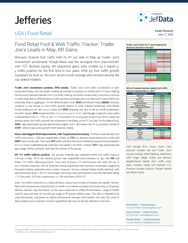食品零售客流量及网络流量追踪：5月 Trader Joe's 领先，KR 增长