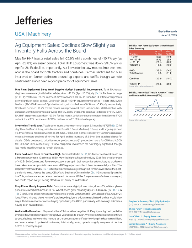 农业设备销售：库存全面下降，跌幅略有放缓