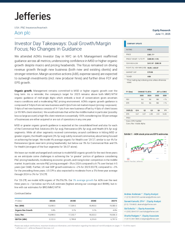 怡安集团（AON）：投资者日要点：关注双重增长与利润率；指引不变