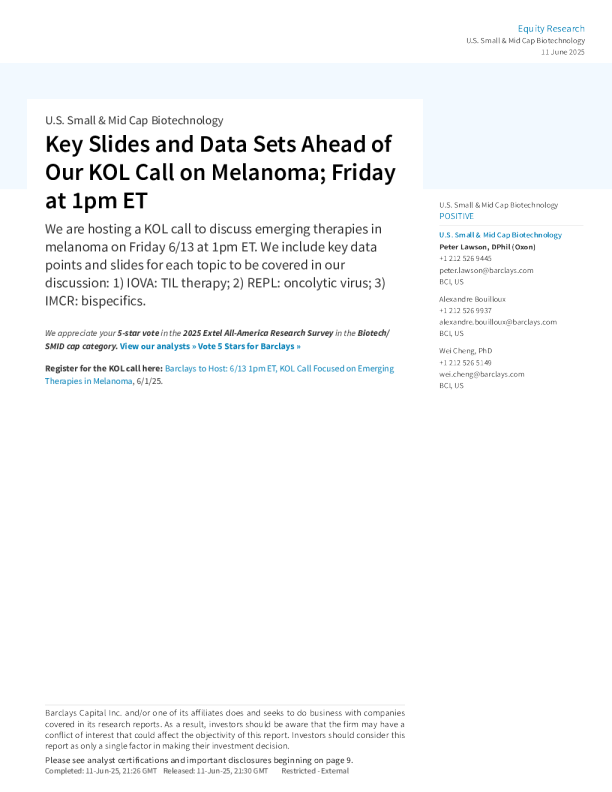 黑色素瘤关键意见领袖电话会议前的关键幻灯片和数据集;美国东部时间周五下午1点