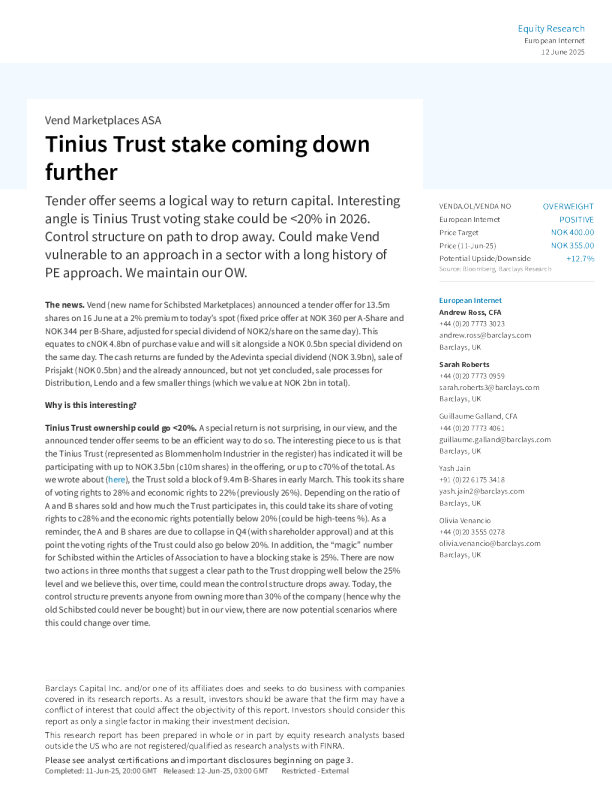 Vend Marketplaces ASA:Tinius Trust持股比例可能降至20%以下