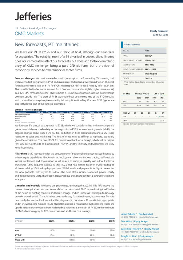 CMC Markets：新预测，目标价维持不变