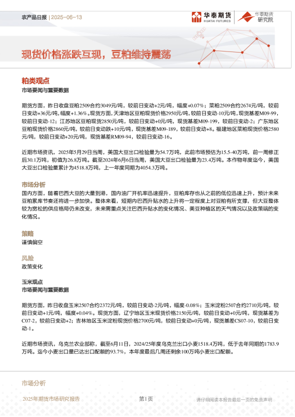农产品日报:现货价格涨跌互现,豆粕维持震荡