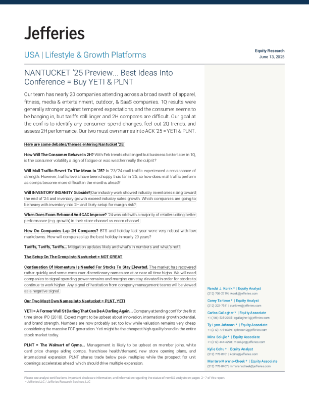 楠塔基特2025年展望……会议最佳建议：买入YETI和PLNT
