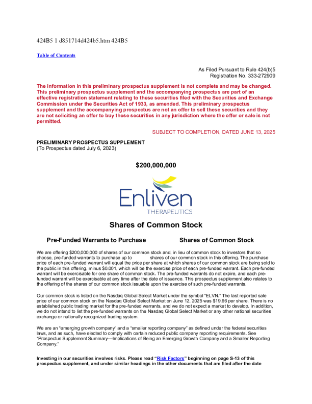 Enliven Therapeutics Inc美股招股说明书(2025-06-13版)