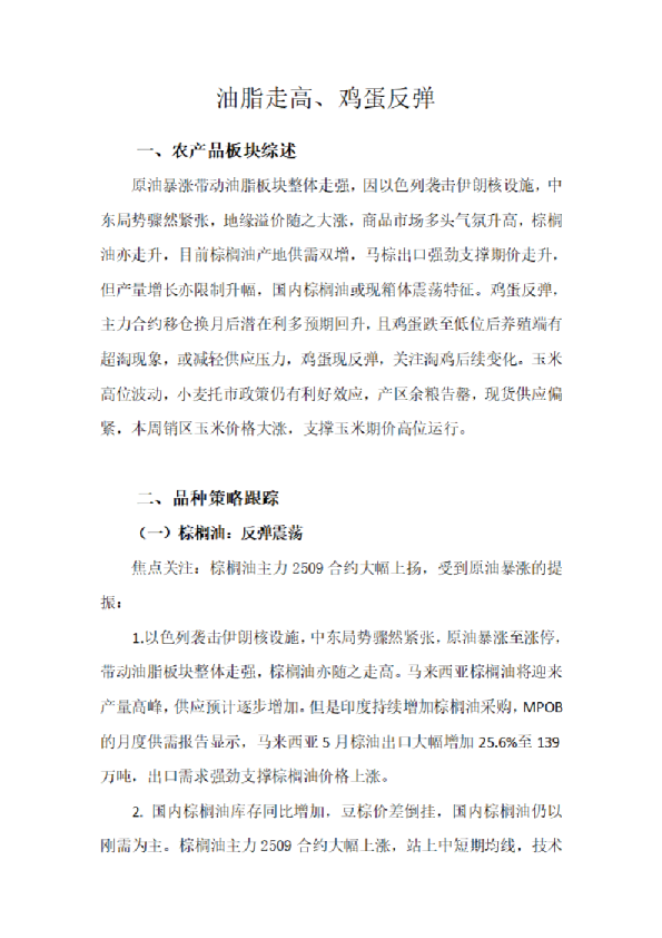 油脂走高、鸡蛋反弹