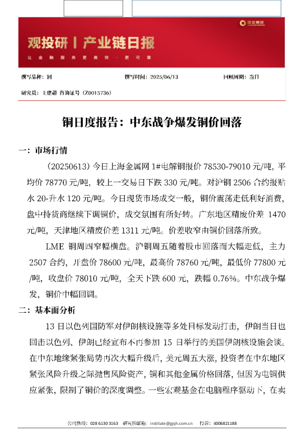 铜日度报告：中东战争爆发铜价回落