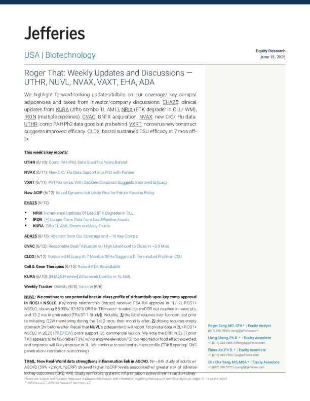 罗杰收到：每周更新与讨论——UTHR、NUVL、NVAX、VAXT、EHA、ADA