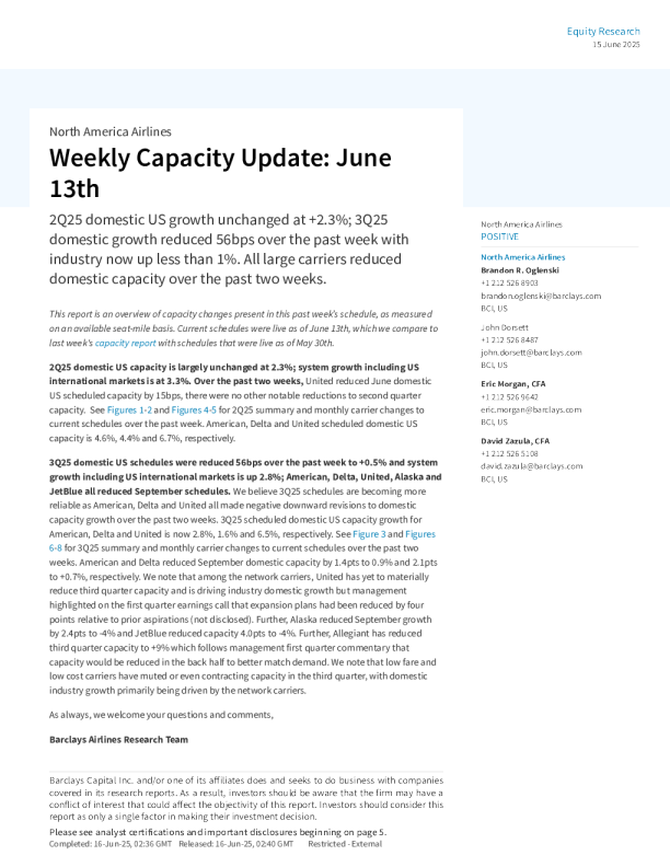 北美航空公司：6月13日周运力更新