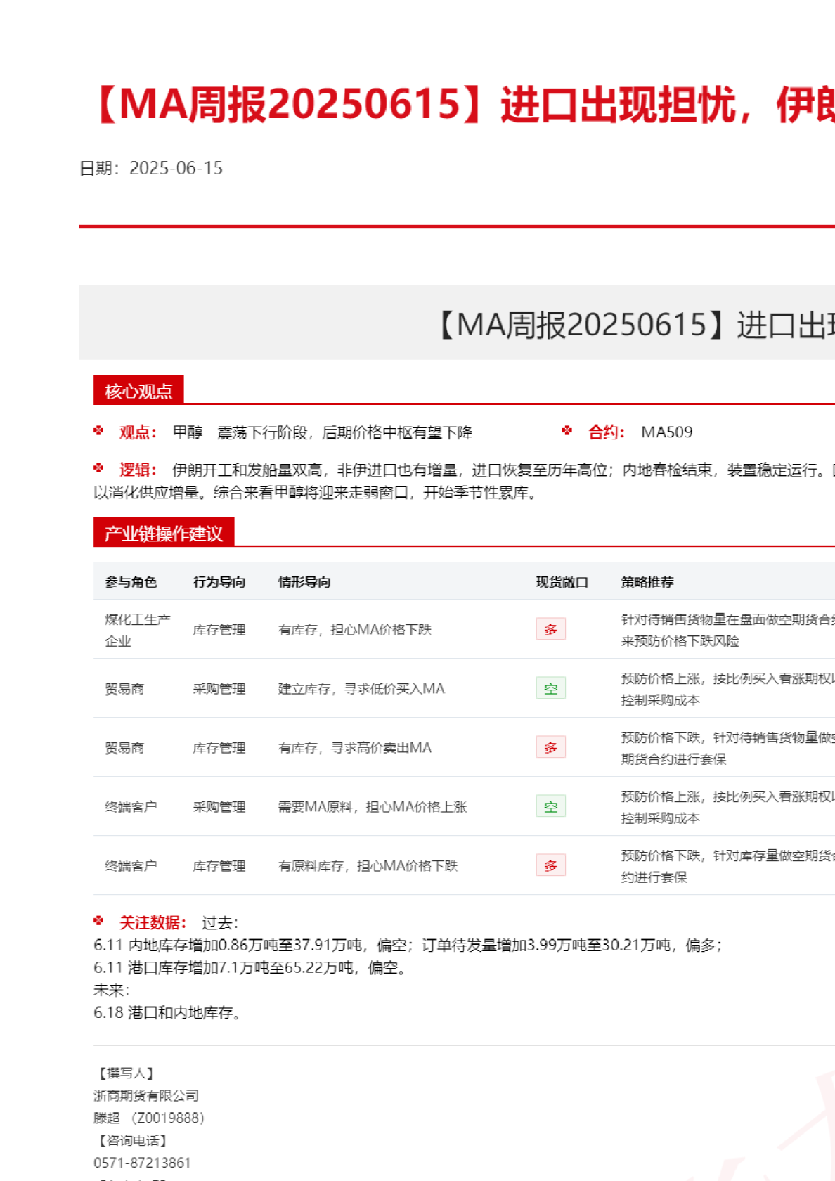 MA周报20250615：进口出现担忧，伊朗局势待进一步发酵