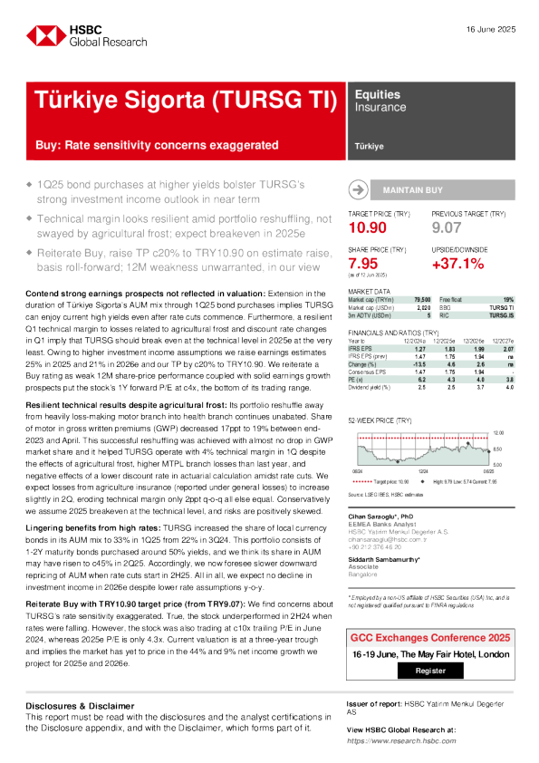 土耳其保险（TURSG TI）：买入：利率敏感性担忧被夸大