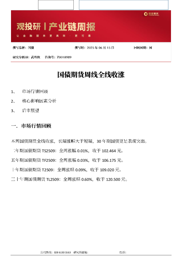 国债期货周线全线收涨