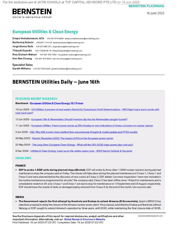 伯恩斯坦公用事业日报- 6月16日