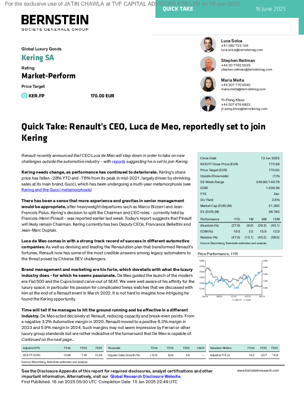 快讯：据报道，雷诺首席执行官卢卡·德·梅奥将加入开云集团