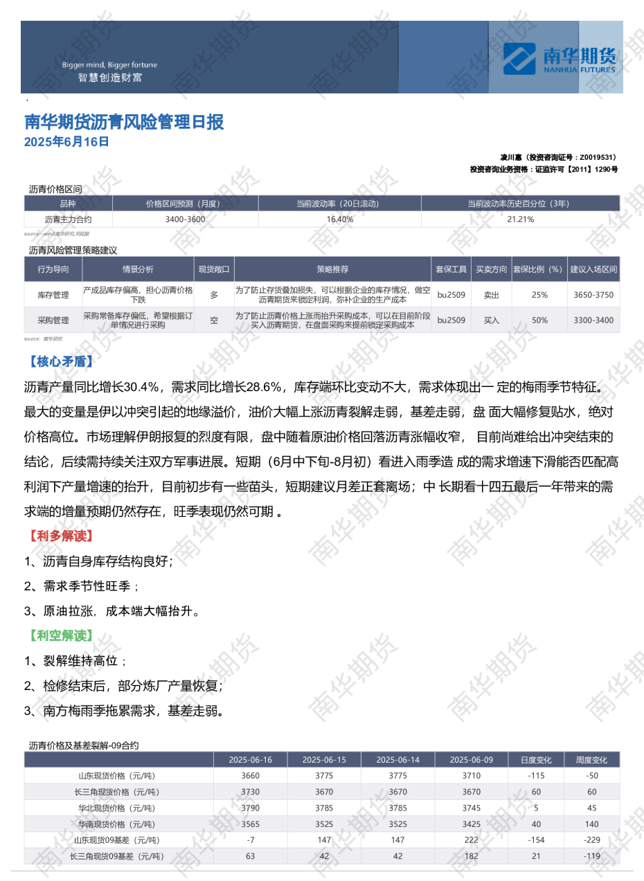 南华期货沥青风险管理日报：成本大幅抬升20250616