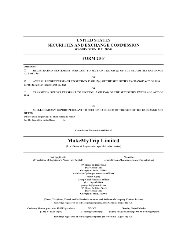 MakeMyTrip Ltd 2025年年度报告和过渡报告