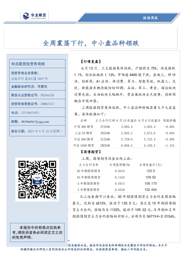 股指周报：全周震荡下行，中小盘品种领跌