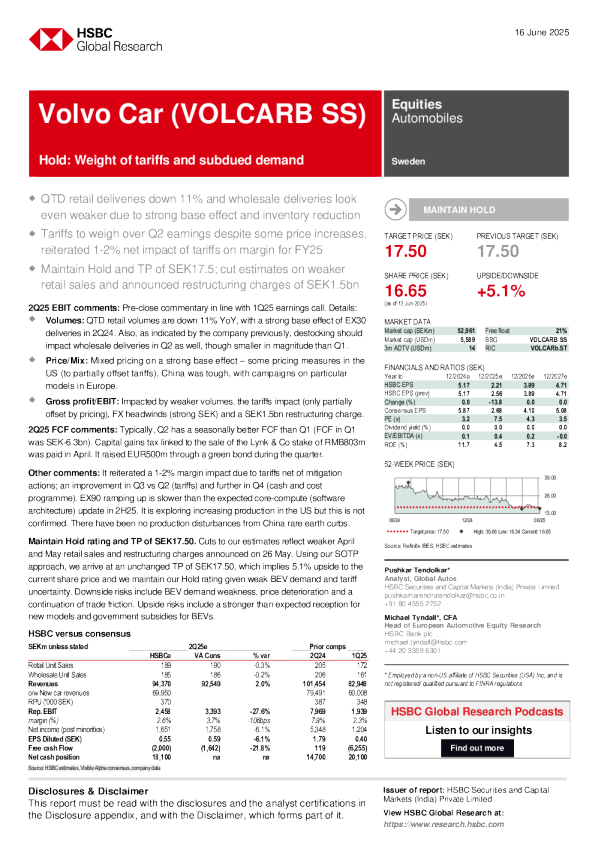 沃尔沃汽车（VOLCARB SS）：持有：关税负担和需求疲软
