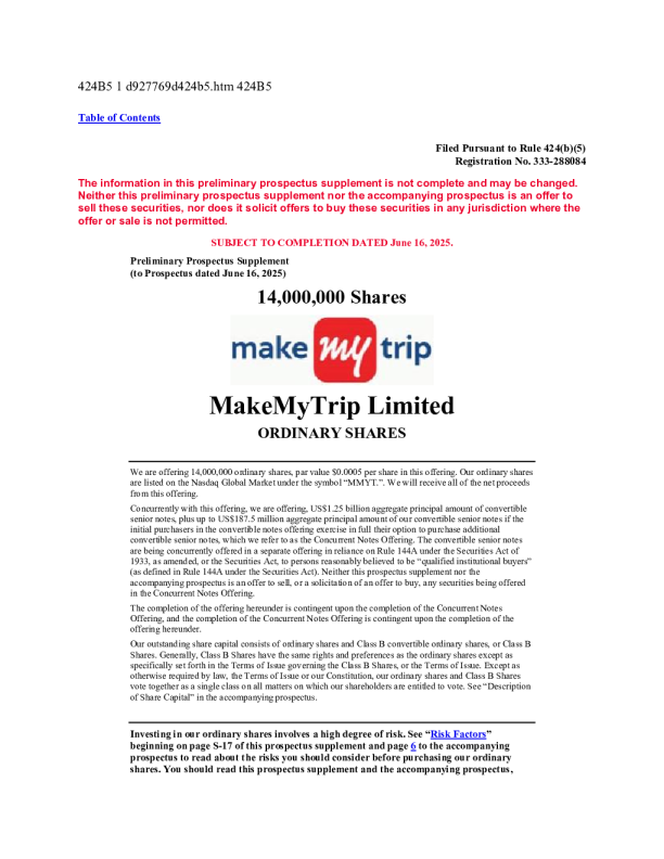 MakeMyTrip Ltd美股招股说明书(2025-06-16版)