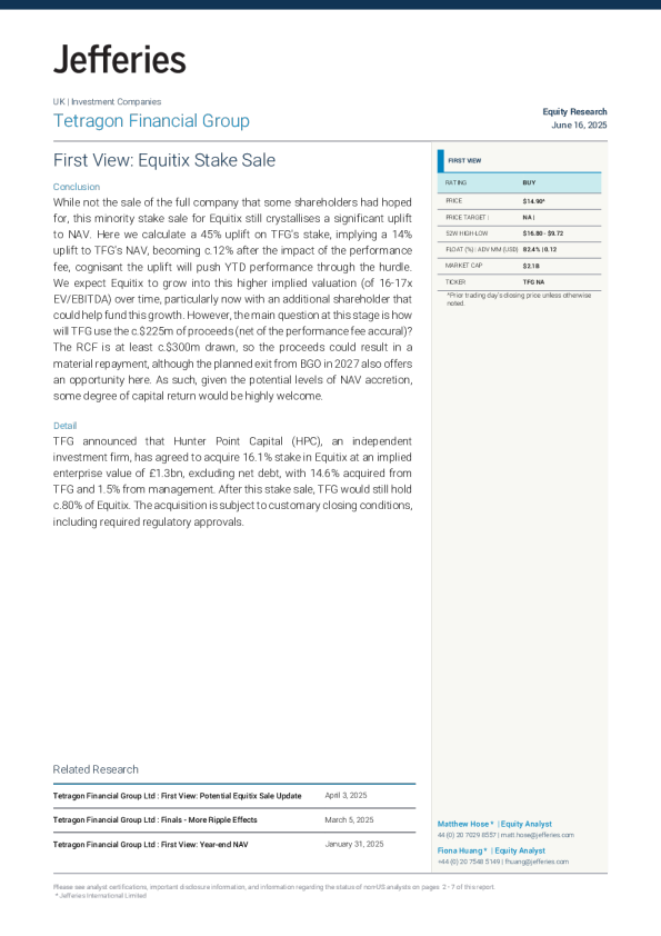 四方金融集团：初步观点：Equitix股权出售