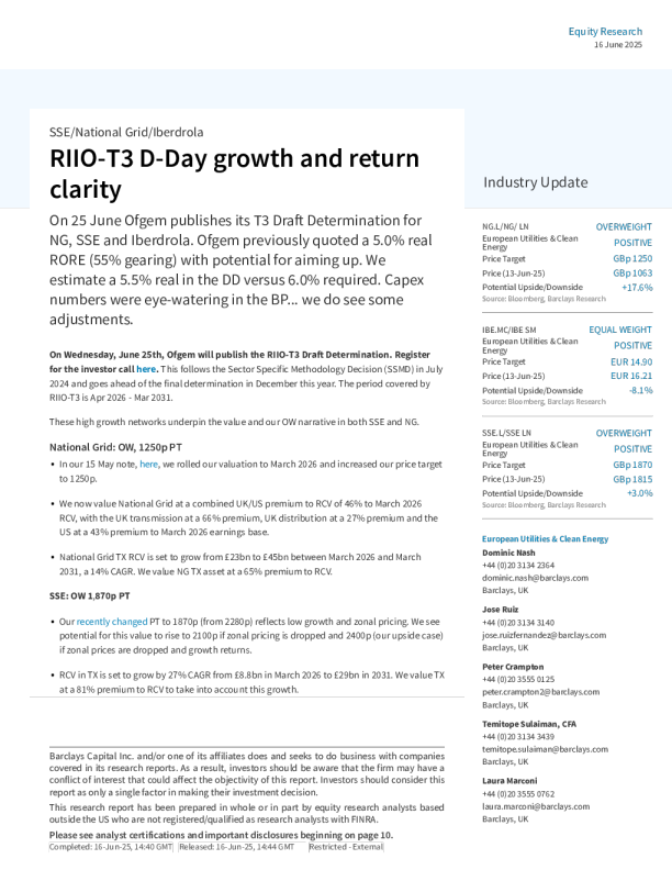 RIIO-T3关键日增长与回报明晰性