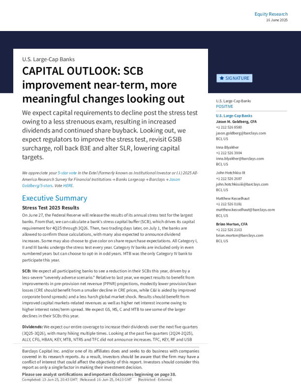 资本展望：短期内压力资本缓冲（SCB）改善，未来有更重大变化