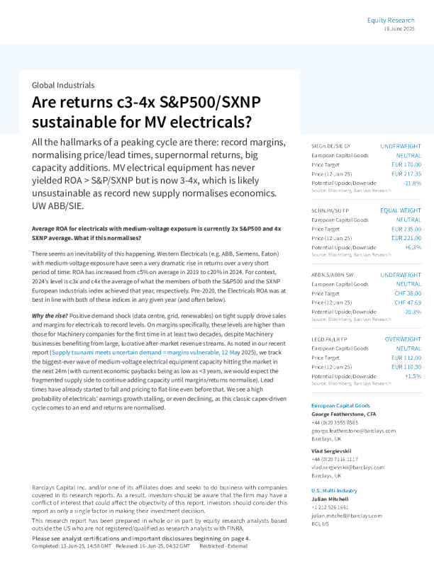 中压电气产品的回报率达到标准普尔500指数SXNP指数的3-4倍是否可持续？
