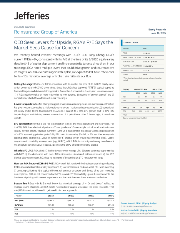 美国再保险集团（RGA）：首席执行官看到上行潜力，市盈率表明市场存在担忧