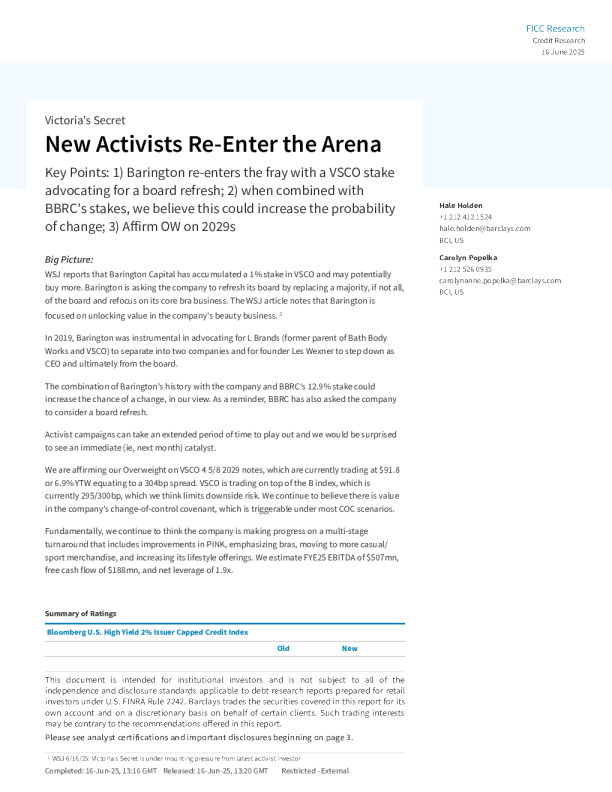 维多利亚的秘密面临新维权投资者压力