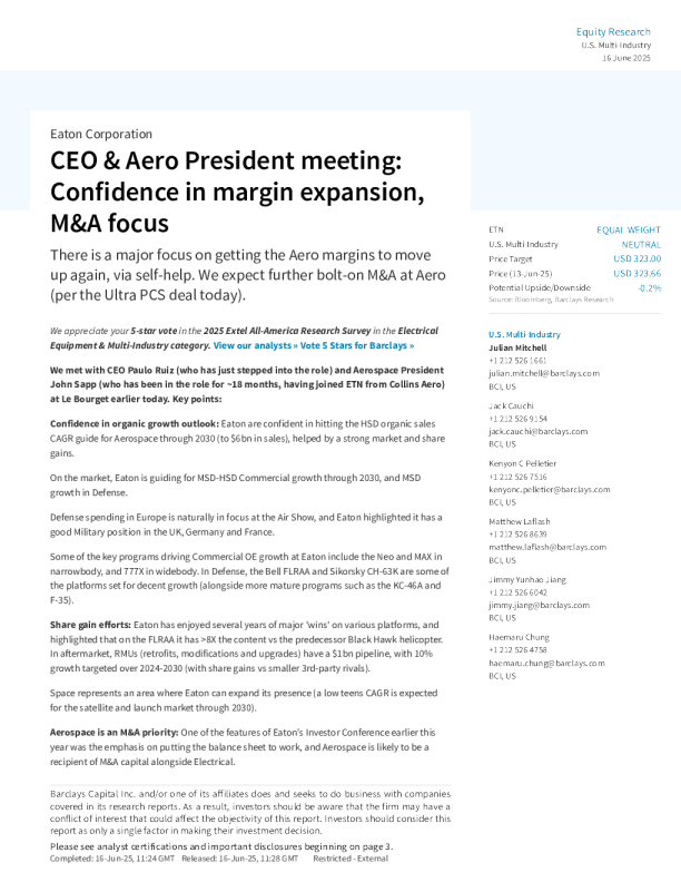 伊顿公司：首席执行官与航空业务总裁会议：对利润率扩张的信心，并购重点