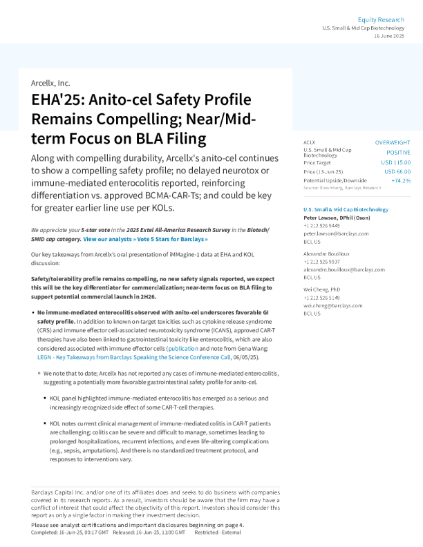 Arcellx公司：EHA'25会议显示Anito-cel安全性优势显著，近期重点为BLA申报