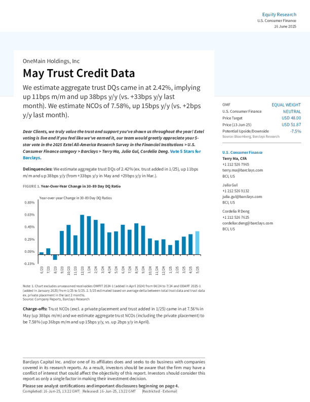 OneMain Holdings, Inc 5月信托信贷数据