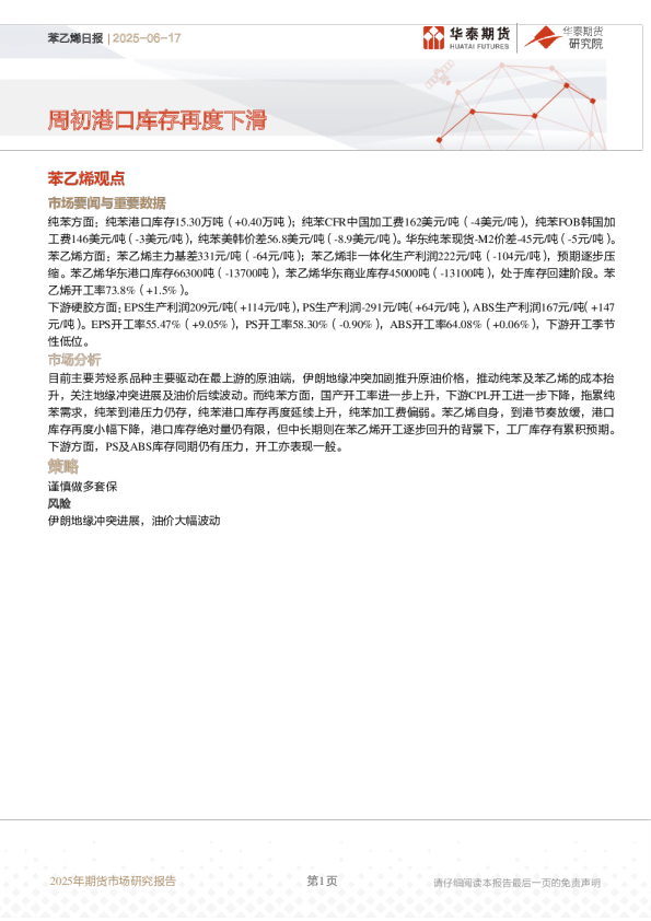 苯乙烯日报：周初港口库存再度下滑